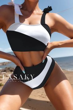 Lasaky - Premium Two-Piece Bikini Swimsuit Set with High-Waisted Design and Stylish Colorblock Accents White Color Block Swimwear For Beach, White Color Block Swimwear For Sunbathing, White Color Block Beachwear Swimwear, Fitted Contrast Color Summer Swimwear, Black Swimwear With Contrast Color For Beachwear, Black Swimwear With Contrast Color For Beach Season, Black Beachwear Swimwear With Contrast Color, Black Contrast Color Swimwear For Beach, White Color Block One-piece Swimwear