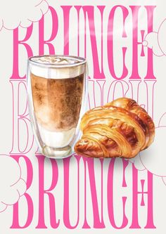 a cup of coffee and some croissants on a white background with pink lettering