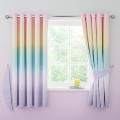 a window with curtains and a vase in front of it, next to a pink wall