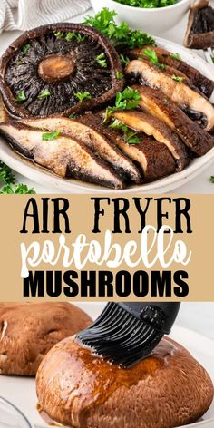 an air fryer is being used to make mushroom mushrooms in the kitchen with text overlay