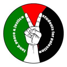 the peace sign is in front of a red, green and black circle with words on it