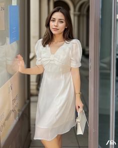 Zlily - Plus Size Short Sleeve Bubble Sleeve Dress with Bow Detail Chic Fitted Dress For Outing, Chic White Dress For Outing, Elegant Fitted Dress For Outing, Elegant Dresses For Summer Outing, Elegant Summer Dresses For Outings, Bubble Sleeve Dress, Bubble Sleeve, Plus Size Shorts, Dress With Bow