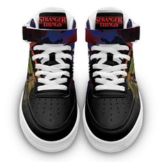 Stranger Things Air Mid Shoes Custom Hawkins Sneakers Fans All of our Air Mid Shoes styles are custom-made-to-order and handcrafted to the highest quality standards. High-quality rubber sole for traction and exceptional durability Lace-up closure for a snug fit. Each designed pair is one-of-a-kind, combining handcrafting tradition, quality, and modern style. Features a semi-glossy leather to make the shoes more breathable and easier to clean. Material: Microfibre leather: chemical & abrasion res Stranger Things Shoes, High Top Air Force, Stranger Things Merchandise, Stranger Things Outfit, Stranger And Stranger, Mid Shoes, Air Force Shoes, Sneaker Lovers, Mid Top Sneakers