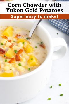 a bowl of corn chowder with yellow potatoes