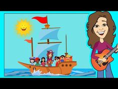 a woman holding a guitar standing in front of a boat with people on it and the sun