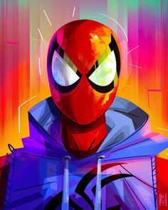 a spider - man with glowing eyes and a hoodie over his head, standing in front of an abstract background