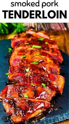 barbecued pork tenderloin on a cutting board with text overlay