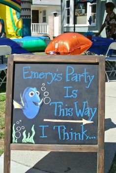 a chalkboard sign that says, energy's party is this way i think