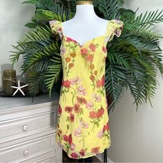 Size 6 Yellow Iris Sleeveless Flutter Strapped Sheer Yellow Floral Design Lined Dress Zipper Backed New With Tags See Photos For Details Fitted Sleeveless Dress With Ruffle Hem For Vacation, Sundress With Ruffles For Garden Party, Fitted Sleeveless Summer Dress With Ruffle Hem, Ruffled Sundress For Garden Party, Summer Sleeveless Dress For Brunch With Ruffle Hem, Summer Sleeveless Dress With Ruffles For Garden Party, Summer Sleeveless Dress With Ruffle Hem For Brunch, Yellow Flutter Sleeve Beach Dress, Spring Sleeveless Ruffled Dress For Brunch