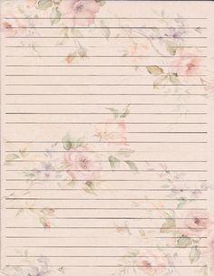 a piece of lined paper with pink flowers on the bottom and green leaves at the top