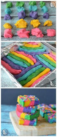 rainbow cake with frosting and sprinkles on the top, in different stages