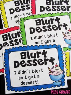 three blue and white posters with words that say, i didn't get a dessert