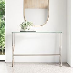 a glass table with a plant on top in front of a white wall and window