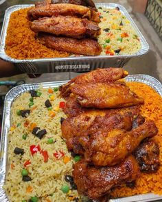 two trays filled with different types of rice and meat on top of each other