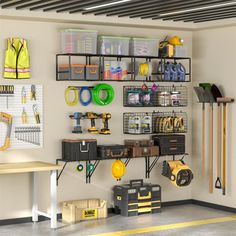 there is a workbench in the garage with tools and equipment hanging on the wall