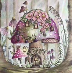 a painting of a mushroom house with flowers and mushrooms on the roof, surrounded by trees