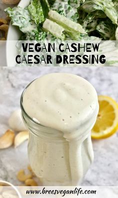 the ingredients to make vegan cashew caesar dressing are shown in separate images, including lemons and almonds