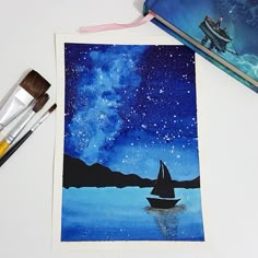 a watercolor painting of a boat in the ocean under a night sky filled with stars