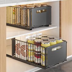 an organized pantry with canned food in bins