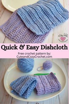 crocheted dishcloths on a plate with yarn in the background and text overlay reading quick & easy dishcloth free crochet pattern