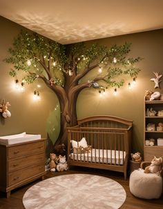 a baby's room with a tree painted on the wall and lights strung from the ceiling