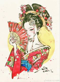 Geisha Drawing, Fan Drawing, Anime Tutorial, Aqua Art, Antique Illustration, Art Poster Design, Ethereal Art