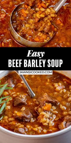 beef barley soup in a white bowl with spoons