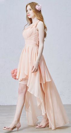 Pearl Pink Chic A-Line One Shoulder Asymmetrical Chiffon Bridesmaid Dress With Ruffle Flowers One Shoulder Ruffled Bridesmaid Dress, Strapless Chiffon Dress For Wedding, Chiffon Strapless Bridesmaid Dress, Flowy One Shoulder Chiffon Dress, Asymmetrical Neckline Chiffon Bridesmaid Dress, Asymmetrical One Shoulder Bridesmaid Dress, One-shoulder Chiffon Bridesmaid Dress, Asymmetrical Chiffon Bridesmaid Dress, Chifon Dress