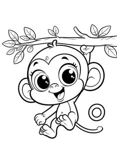 a cartoon monkey hanging from a tree branch with leaves on it's head and eyes