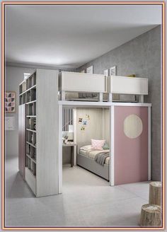 a loft bed is built into the side of a bookcase in a room with white walls and flooring