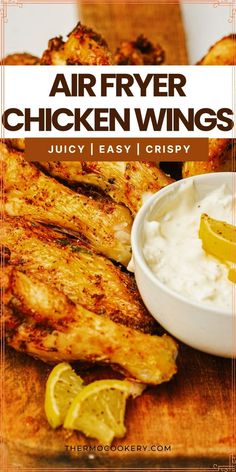 grilled chicken wings with ranch dip and lemon wedges