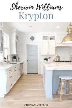 a kitchen with white cabinets and wood flooring is featured in the magazine, sherylin williams krypton