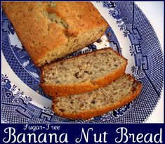 two slices of banana nut bread on a blue and white plate