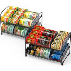 two metal racks holding canned food on top of each other