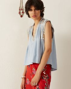 Nehru Silver Sky Top Blue Sleeveless Embroidered Top For Summer, Blue Embellished Sleeveless Top, Bohemian Sleeveless Top For Festive Occasions, Embellished Embroidered Top For Summer, Embellished Sleeveless Blouse For Summer, Embellished Tops For Summer Festivals, Embellished Tops For Summer Festivities, Embellished Summer Tops For Festive Occasions, Summer Festive Embellished Tops