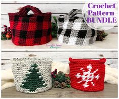 three crocheted christmas baskets with trees on them, one is red and the other is white