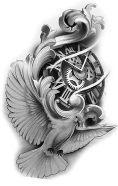 a bird flying next to a clock with gears on it's face and wings