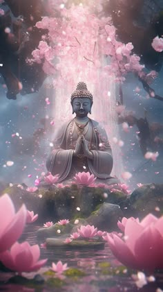 the buddha statue is surrounded by pink flowers