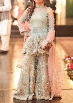 Wedding party dress in pink and gray color in net and jamawar cloth work embellished with pure dabka zari threds sequence nagh and pearls work. 1.%100 Accurate Measurement & Fitting.(Please Ask Us Your exact measurement)2.All Dresses are Manufactured designs/Cutting/stitching Under The Supervision of Our Qualified designers.3.We Deliver On Time.4.Made with High Quality Fabric & stitching With overclock & Beautiful hamming as per customer's Selected Fabric.5.You Can Consult With Our T Heavy Lengha, Nickie Nina, Kinza Hashmi, Pakistani Party Wear Dresses, Shadi Dresses, Pakistani Formal Dresses, Mehndi Brides, Gaun Fashion, Pakistani Wedding Outfits