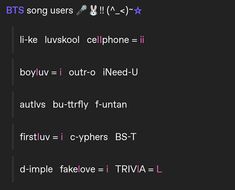 a black background with text that reads bts song users i like luvskol cellphone