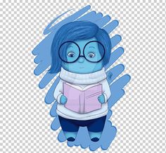 a cartoon character with blue hair and glasses, holding a book in her hands while standing on