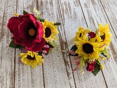 two bouquets of sunflowers and red roses on a white wooden table top