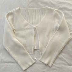 This White Cardigan From Shein Has A Thick Ribbed Material, A Cropped Fit, And Ribbons In The Front To Tie It Closed. Size L. Perfect Unused Condition, Never Worn, No Flaws. White Cardigan For Dress, White Grunge Outfit, Tie Front Cardigan Outfit, White Cropped Cardigan Outfit, Short White Cardigan, Cropped Cardigan Outfit, Aesthetic Cardigan, White Cropped Cardigan, White Skirt Outfits