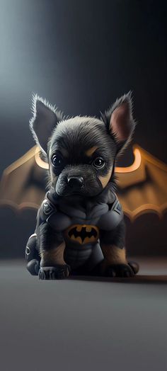 a small dog dressed up as batman sitting on the floor with his bat costume around it's neck