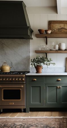 a kitchen with green cabinets and an oven in the center, surrounded by shelves filled with dishes