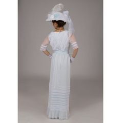 White net Edwardian dress with rows of lace and ribbon. Pastel satin lining. Elasticized waist with a separate buttoned belt. You choose the color of the lining and belt (same color). Hand wash cold, hang to dry. By Recollections and made in America. White Regency Costume Dress, White Regency Style Costume Dress, White Formal Dresses With Sashes, White Elegant Victorian Dress For Fancy Dress, White Victorian Dress For Evening, Eva Dress, Edwardian Dress, Taffeta Dress, Hawks