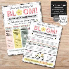 two flyers with the words bloom and an image of a bicycle on it, both in pink