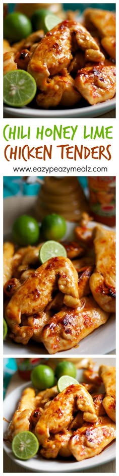 grilled chicken tenders on a white plate with lime slices