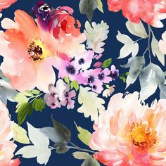 watercolor floral pattern with pink and blue flowers on a dark background, suitable for wallpaper or fabric