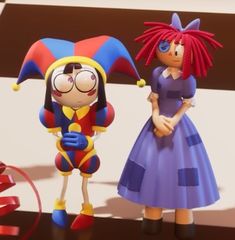 two cartoon characters standing next to each other on a table in front of a ribbon